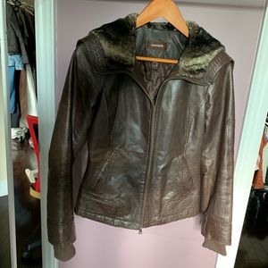 Danier leather coat with faux fur hood